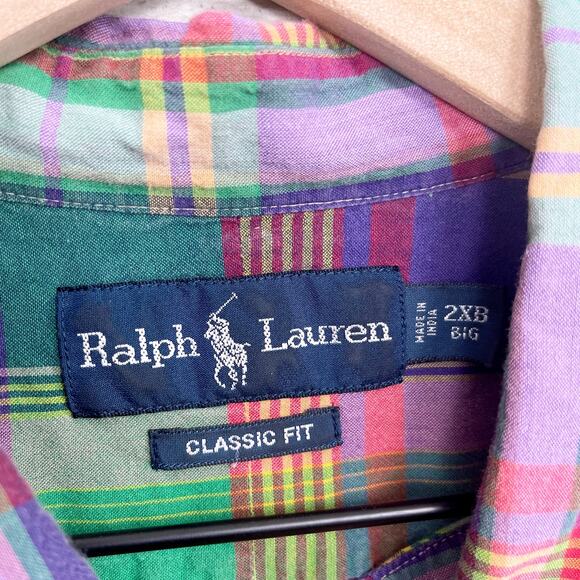 Ralph Lauren Classic Fit Short Sleeve Shirt Green Madras Plaid Mens 2XB 2X Big - Picture 5 of 6